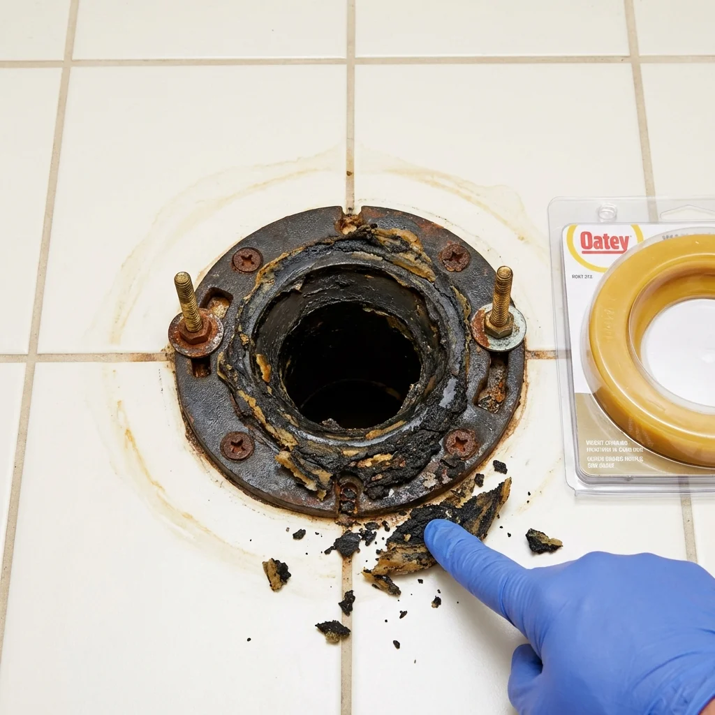 Failed wax ring showing water seepage at the base of a toilet in a Paris, ID home