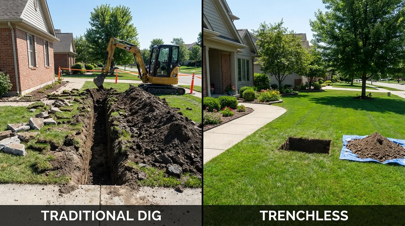 Trenchless sewer repair with minimal yard damage versus traditional excavation in Paris, ID