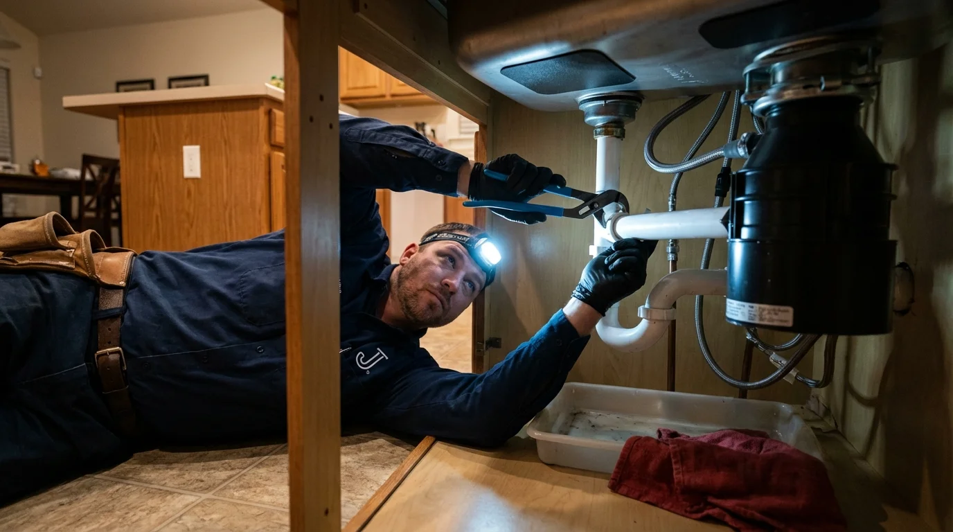 P-trap and supply line connections under a kitchen sink showing a common leak point in Paris, ID